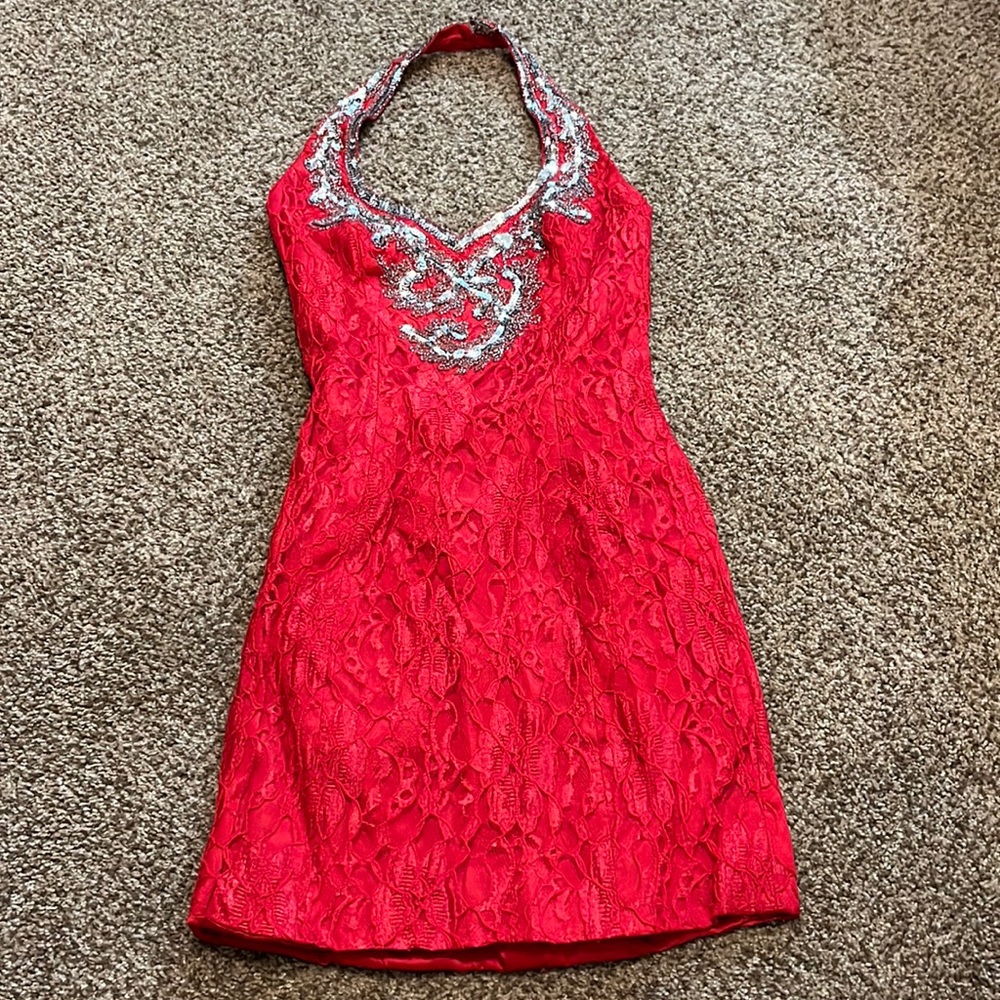 Mike Benet formals red silver sequin vtg vintage 80s 90s halter dress xs lace